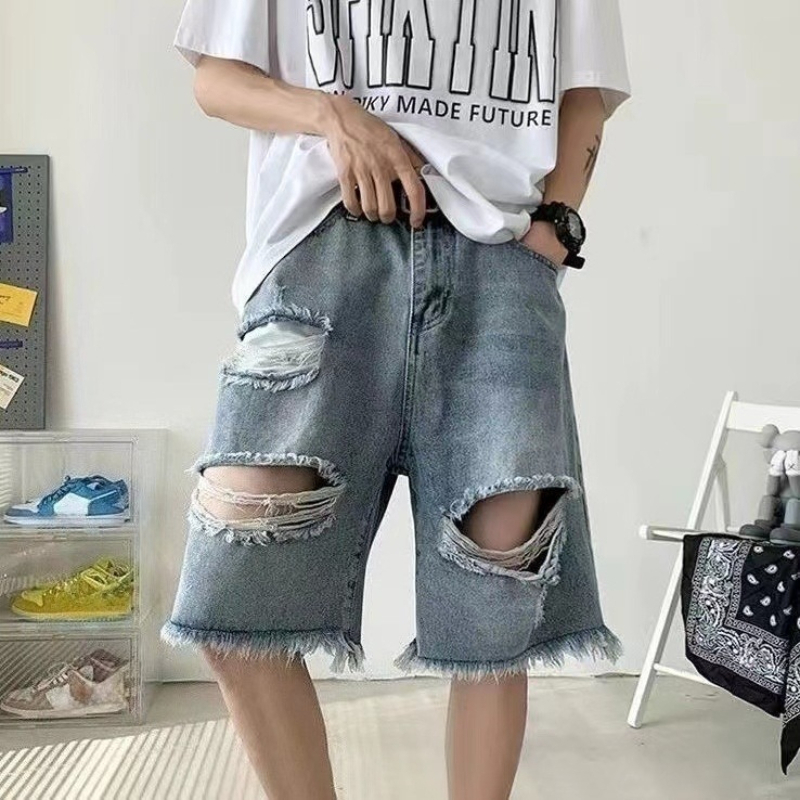 Street Fashion Hong Kong - Celana Pendek Denim Robek Pria Keren