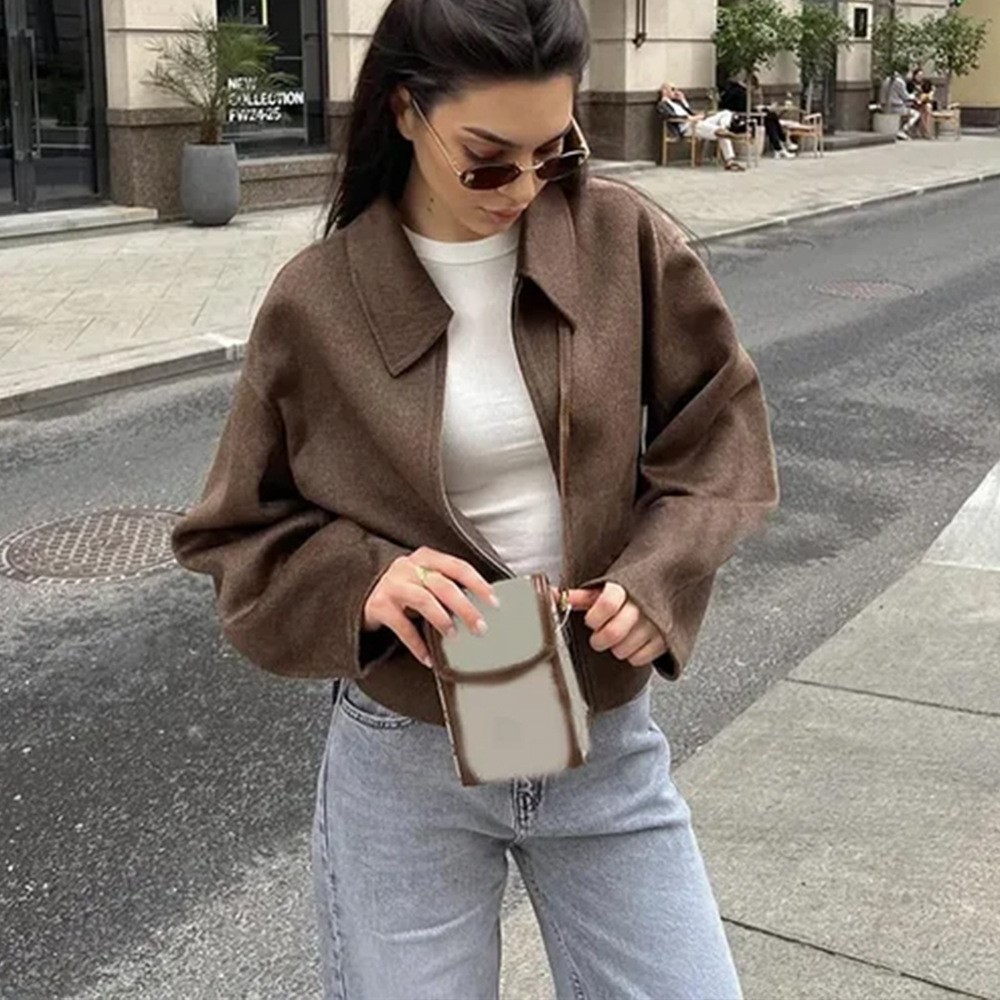 Street Fashion Shanghai - Jaket kerah Turndown warna cokelat Solid