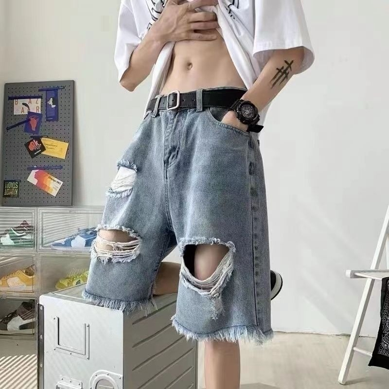 Celana Pendek Denim Robek Pria - Street Fashion Hong Kong ulasan dan harga