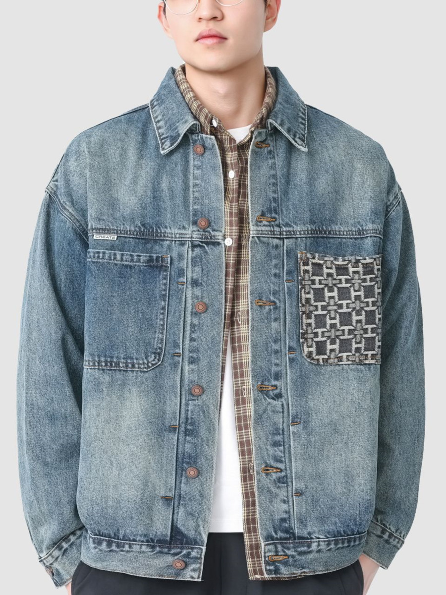 Jaket Denim saku bordir antik  - Street Fashion Hong Kong ulasan dan harga