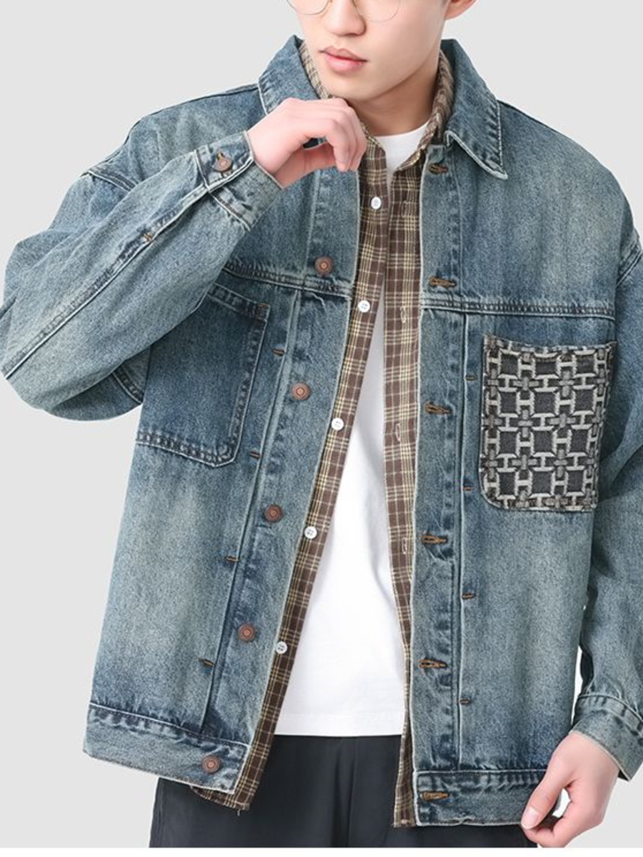 Jaket Denim saku bordir antik  - Street Fashion Hong Kong ulasan dan harga